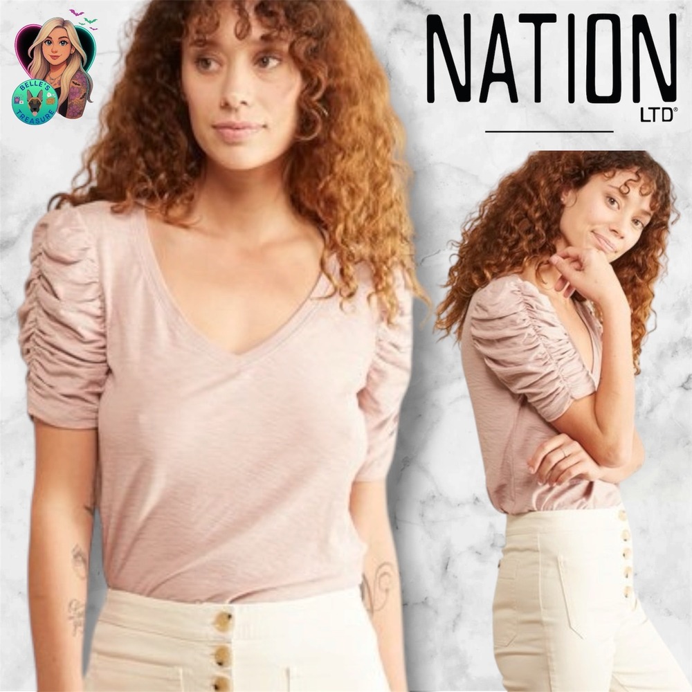 Nation LTD Top Women's Small Veda Tee Putty Pink V-Neck Ruched Puff Sleeve Shirt